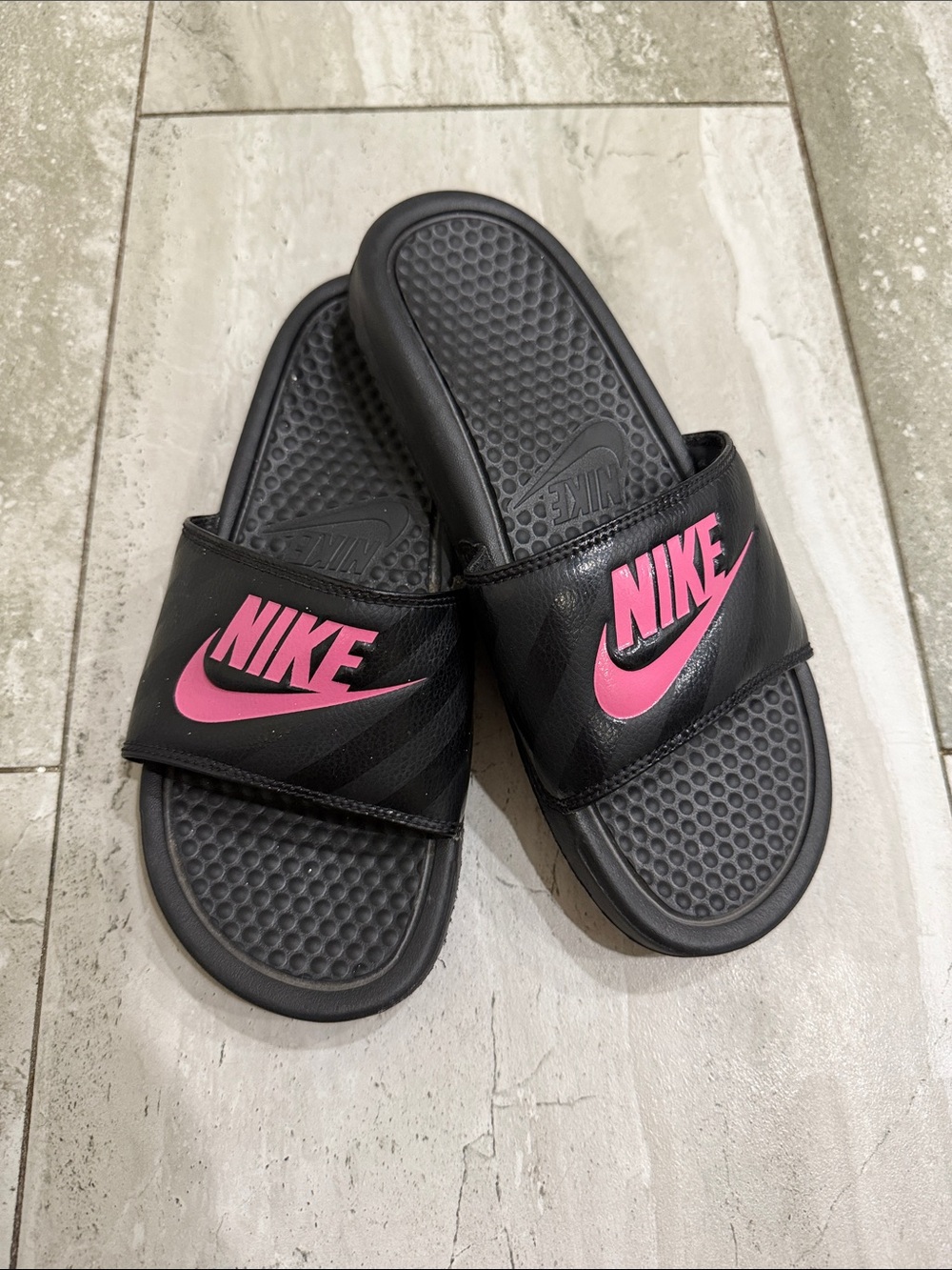 Nike Black Slide Sandals with Pink Swoosh